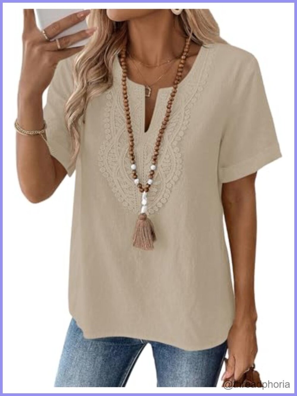 Linen Short Sleeve Tunic Top V-Neck Lace Front Loose Fit Linen Shirt